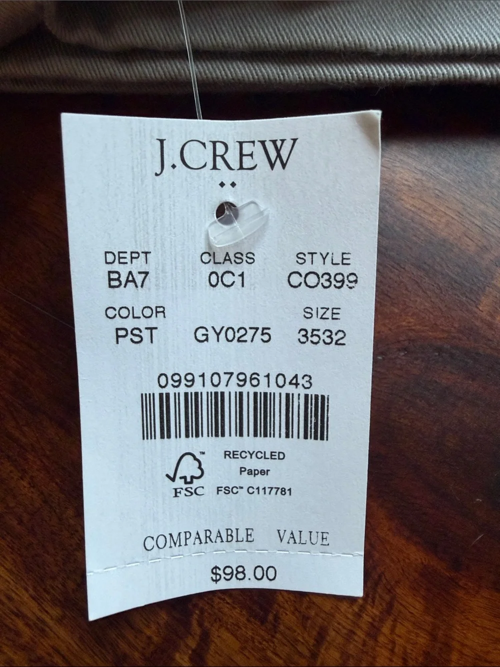 NWT - Men's J Crew Slim Fit Original Chino Pants - Mushroom